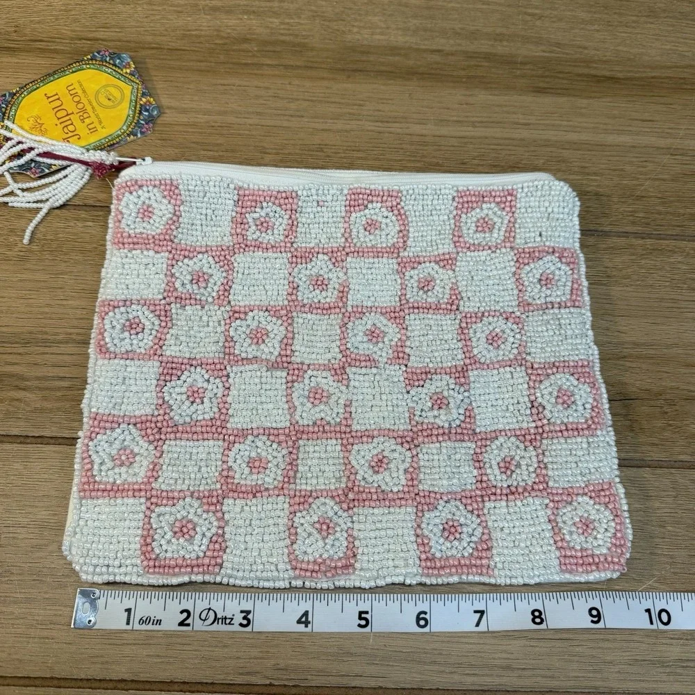 NWT Jaipur In Bloom Beaded Pouch Clutch Pink White Floral Checkered Cotton India